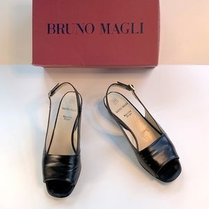 Bruno Magli  black leather open toe sling back on low wedge heel.  Sz 6.5m